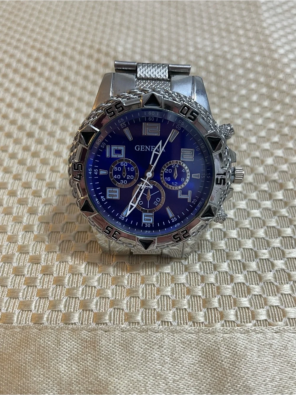 Geneva Silver-Tone Watch with Blue Dial and Subdials